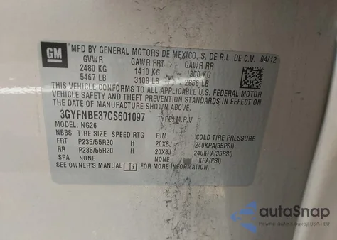 2012 Cadillac Srx Performance Collection z USA, uszkodzony, nr VIN 3GYFNBE37CS601097